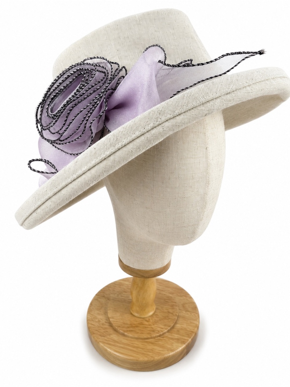 Mad Cap Canada Occasion Hat Beige Linen Look Lavender Flower Small
